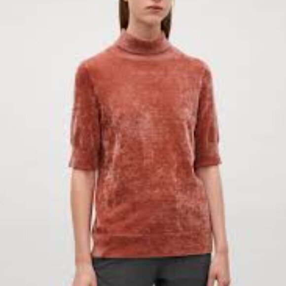 Madewell S Rust Orange Velvet Short Sleeve Mock Neck Top - Picture 1 of 7
